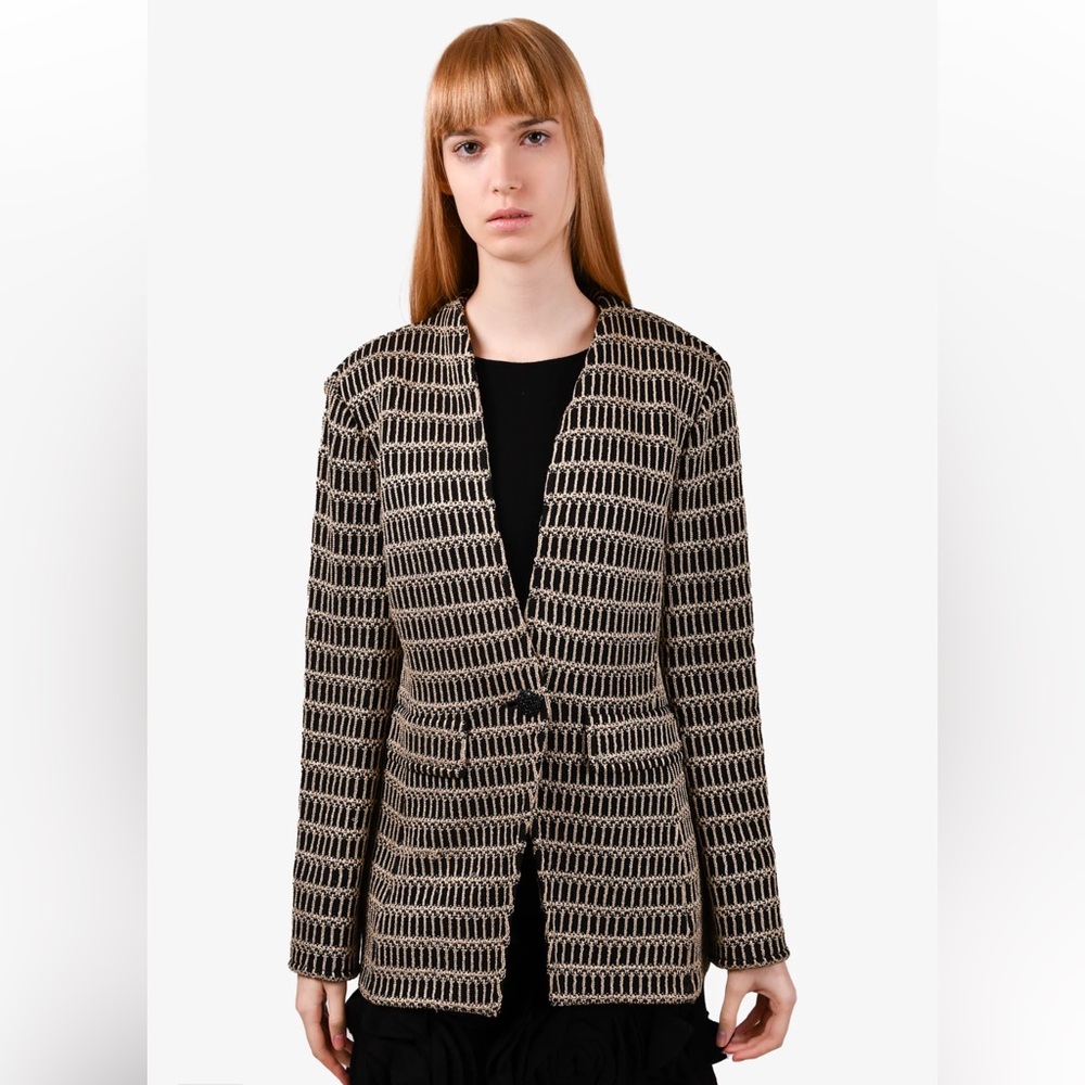 ST JOHN Black/champagne stitched cardigan blazer. Size 10.